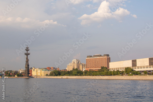 Moscow, Russia - August 25, 2022: View of the Monument to Peter the Great of the Moscow River and the bypass channel on a summer day
