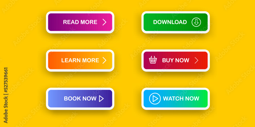 Vector Modern material style buttons set isolated on orange background. Read more, buy now, download, book now, watch now buttons collection with gradient colors and icons with shadows. Vector Modern material style buttons set isolated on orange background. Read more, buy now, download, book now, watch now buttons collection with gradient colors and icons with shadows.