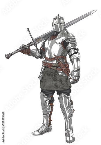 Drawing medieval knight armor, long sword, full metal, art.illustration, vector