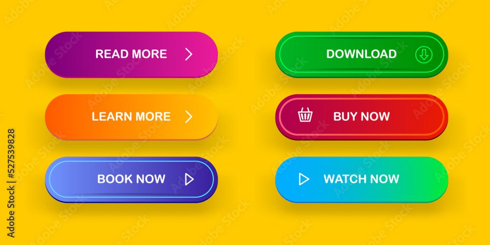 Vector Modern material style buttons set isolated on orange background. Read more, buy now, download, book now, watch now buttons collection with gradient colors and icons with shadows. Vector Modern material style buttons set isolated on orange background. Read more, buy now, download, book now, watch now buttons collection with gradient colors and icons with shadows.