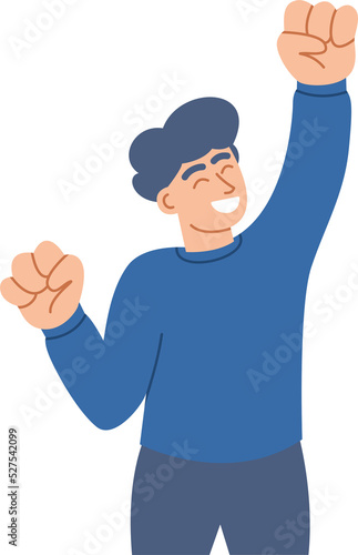 Happy man with hands up celebrating win or goal achievement. Flat Cartoon.