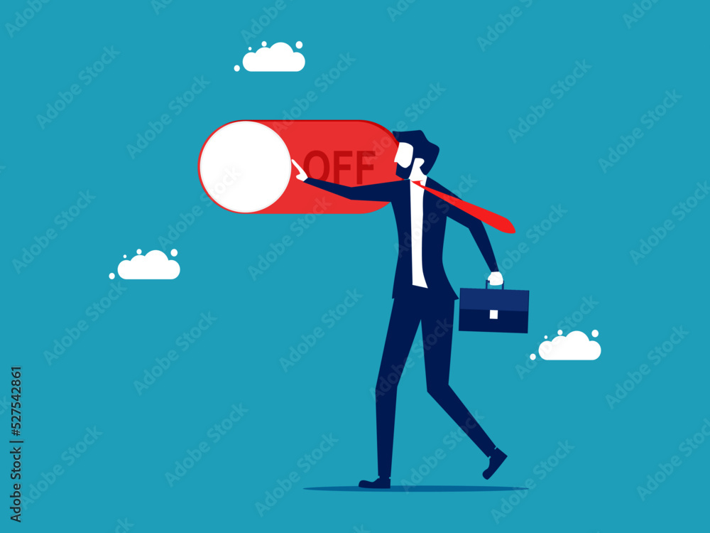  Businessman presses the red close button. Shut down the system. vector illustration