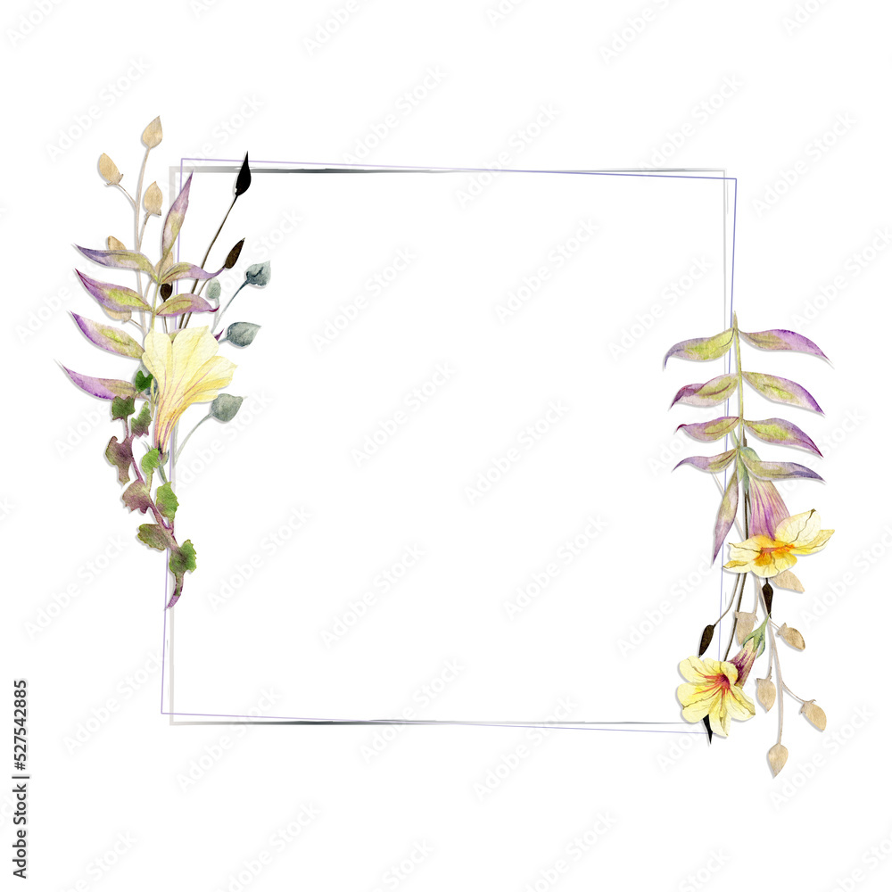 Watercolor frame arrangement with hand drawn autumn petunia and dahlia flowers, branches and leaves. Isolated on white background. Design for invitations, wedding, greeting cards, wallpaper, print Watercolor frame arrangement with hand drawn autumn petunia and dahlia flowers, branches and leaves. Isolated on white background. Design for invitations, wedding, greeting cards, wallpaper, print