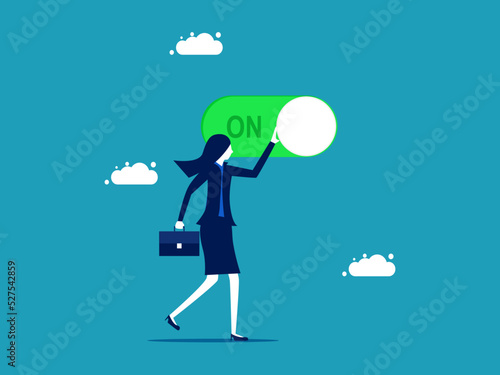 Open progress. Businesswoman pressing the green open button. vector illustration