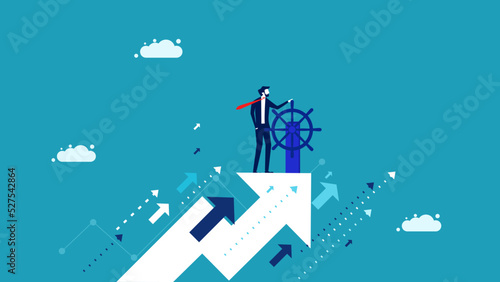 Good business direction. Businessman driving a flying arrow. vector illustration eps