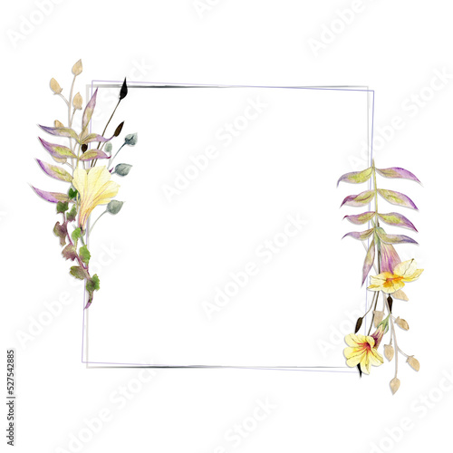 Watercolor frame arrangement with hand drawn autumn petunia and dahlia flowers, branches and leaves. Isolated on white background. Design for invitations, wedding, greeting cards, wallpaper, print