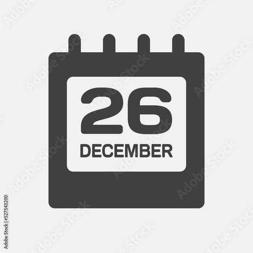 Icon day date 26 December, template calendar page