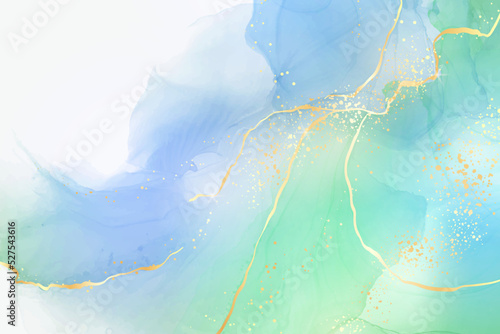 Royal cyan mint liquid marble watercolor background with white lines and brush stains. Teal turquoise marbled alcohol ink drawing effect. Vector illustration backdrop, watercolour wedding invitation