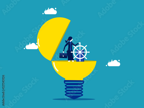 Creative business leader. businesswoman controls a steering wheel on a light bulb vector