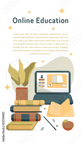 Online Education Vertical Banner With Computer, Books, Home Plant, Apple and Other Objects. Perfect for Websites, Social Media, Printed Materials, etc.