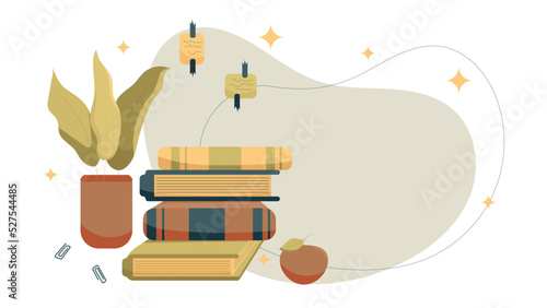 Vector Banner With Books, Home Plant, Apple and Other Objects on the Abstract Background. Perfect for Websites, Social Media, Printed Materials, etc.