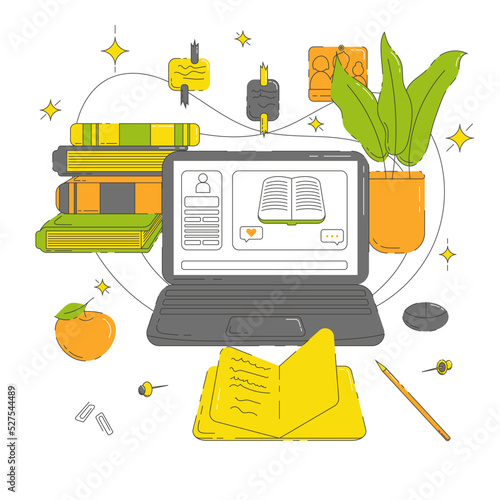Flat Vector Illustration of Workplace With Laptop, Books, Note Pad, Home Plant, Apple and Other Objects. Perfect for Web Banners, Social Media, Posters, Cards, Printed Materials, etc.