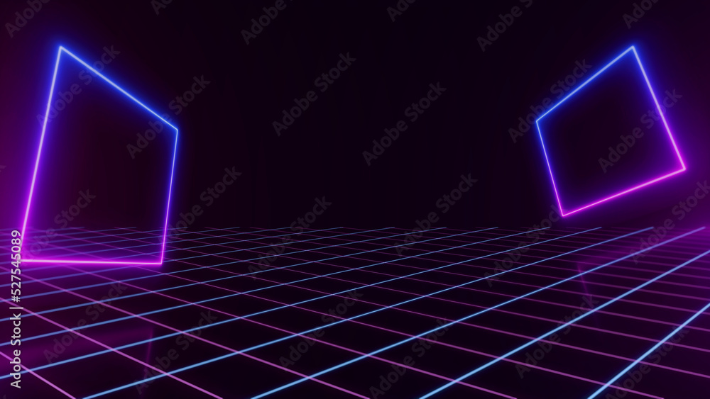 Retro style Sci-Fi Synthwave Backround. Futuristic Perspective Grid Landscape. Digital Cyber Surface. Suitable for design party flyer, banner, poster or cover style 80s or 90s. 3D illustration