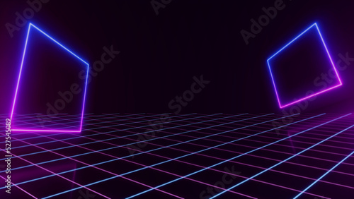 Obraz na płótnie Retro style Sci-Fi Synthwave Backround. Futuristic Perspective Grid Landscape. Digital Cyber Surface. Suitable for design party flyer, banner, poster or cover style 80s or 90s. 3D illustration w salonie
