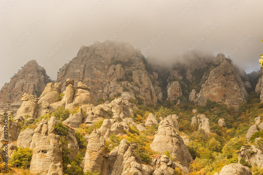 Rocks of the Demerdzhi mountain range in the fog