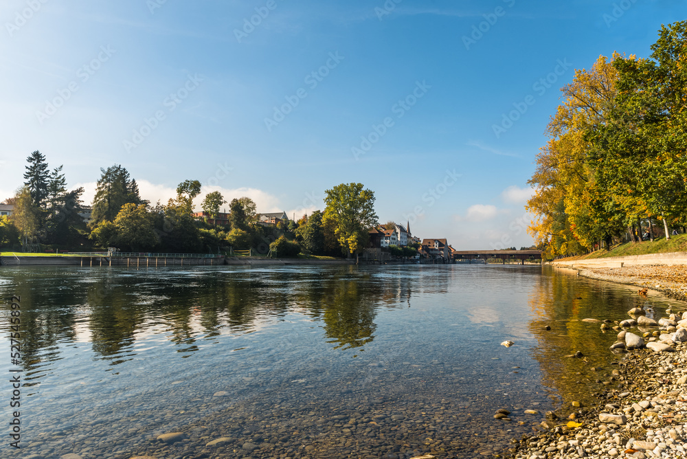The Rhine River near Gailingen with view to Diessenhofen with the historic wooden bridge, Baden-Wuerttemberg, Germany