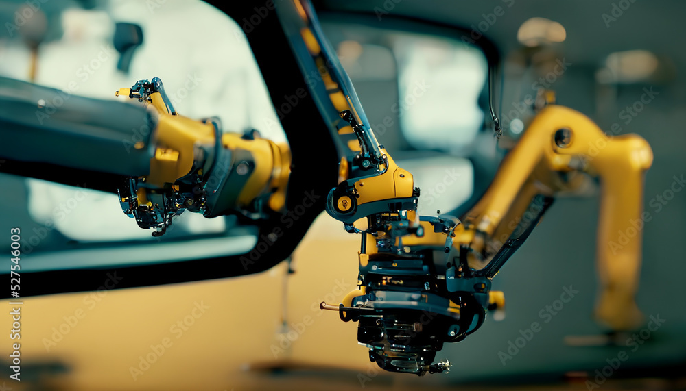 Industrial machine robotic arm automation in car and vehicle factory background, technology concept, digital art illustration