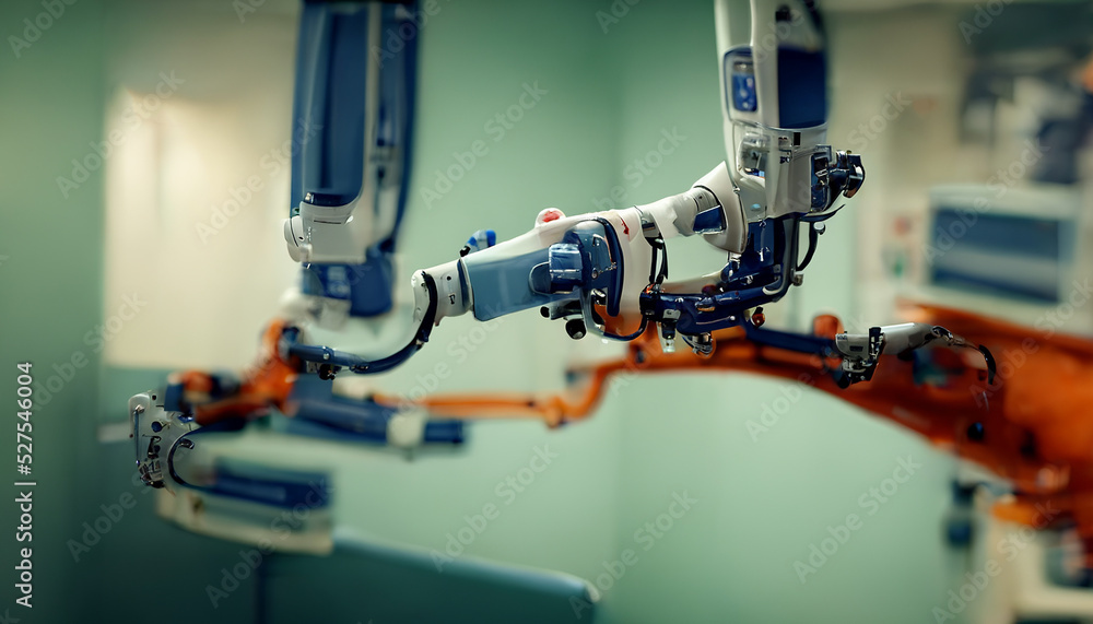 3D rendering, medical machine robotic arm in hospital background, technology and health care concept, digital art illustration 3D rendering, medical machine robotic arm in hospital background, technology and health care concept, digital art illustration
