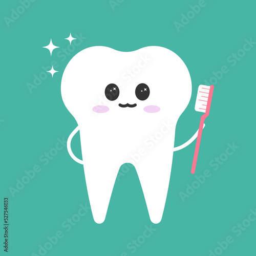 Cute clean tooth with toothbrush and toothpaste character White tooth vector illustration happy and smile. Denistry character super tooth, ideal and clean tooth for children's dentistry