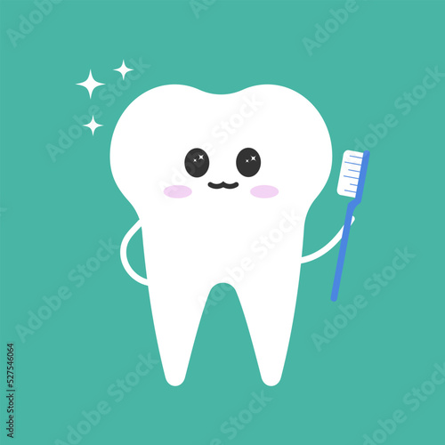 Cute clean tooth character White tooth vector illustration happy isolated on green background. Trendy tooth character with toothbrush 