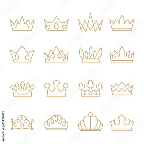 Set of crown line icon, monogram outline style, Vector heraldic elements design. Luxury collection of symbols of leadership, success, power and riches or wealth.