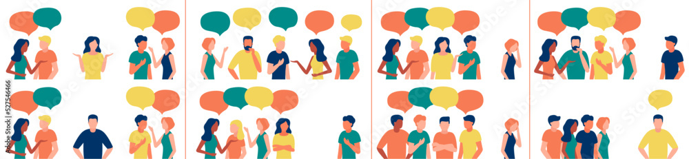 Communication, people talk in group, team work together. Social networking, chat, discussion. Respectful attitude and indifferent relationship. Discrimination, indifference to teammate. Vector - obrazy, fototapety, plakaty 