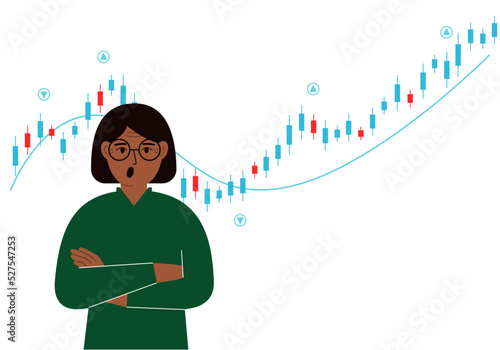 A woman on the background of a Forex chart. Conceptual illustration on the topic of strategic planning in trading on the stock exchange.