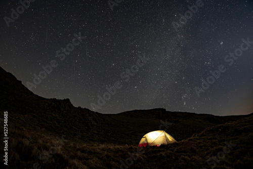 A wild camping tent at night in Snowdonia Wales with stars and night sky