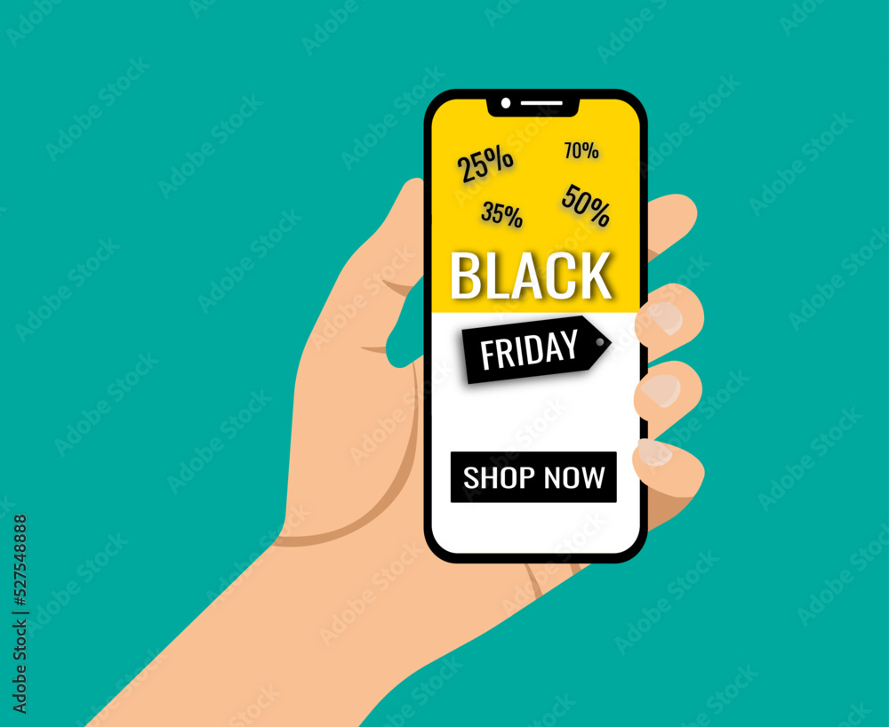 Black Friday sale. Hand holding smartphone with black friday sale on screen. Vector illustration Black Friday sale. Hand holding smartphone with black friday sale on screen. Vector illustration
