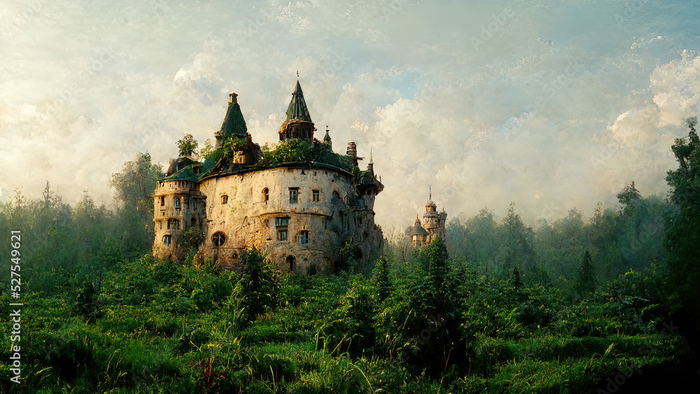 Old royal castle ruin in forest landscape as illustration