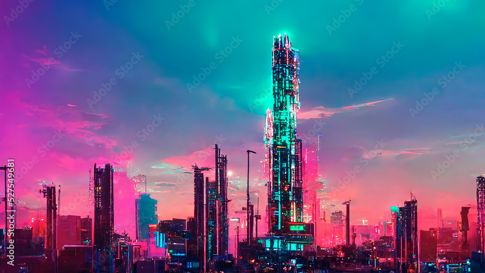 Futuristic metaverse city with neon synthwave lights