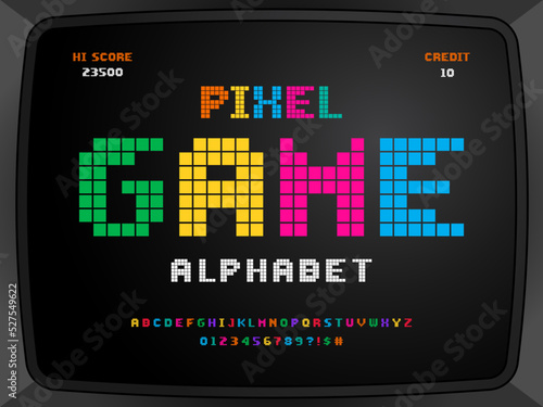 Foto pixel style font with uppercase, numbers and symbol