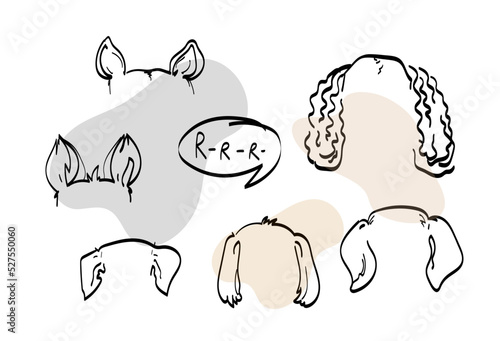 Pet  dog Ears set Outline Drawing doodle sketch vector icon illustration.