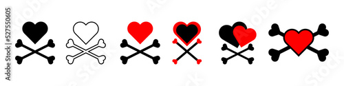 Heart with crossbones icons set. Element for design for holiday Valentine's Day. Vector illustration isolated on white background.
