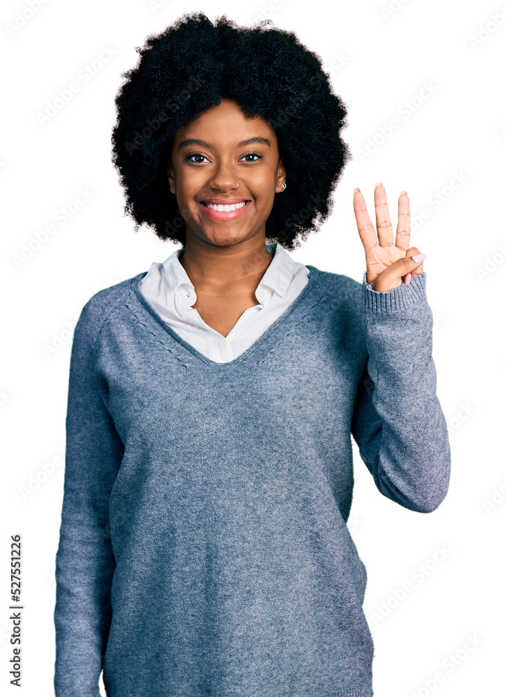Young african american woman wearing business clothes showing and pointing up with fingers number three while smiling confident and happy. Young african american woman wearing business clothes showing and pointing up with fingers number three while smiling confident and happy.