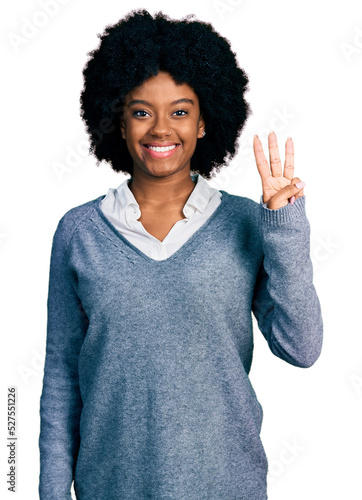 Young african american woman wearing business clothes showing and pointing up with fingers number three while smiling confident and happy.