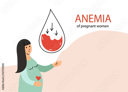 Anemia concept. Pregnant woman suffering from anemia. Low hemoglobin content. Vector doodle illustration.