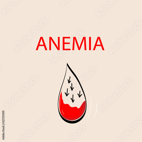 Drop of blood with a low hemoglobin content. Hypoglycemia and anemia concept. Vector doodle illustration.