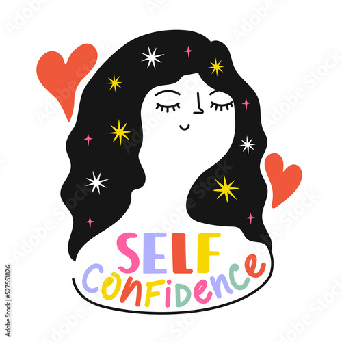 Vector illustration with long hair woman, stars, red hearts and lettering phrase. Self Confidence. Inspirational and motivational self love typography poster, apparel print design with text