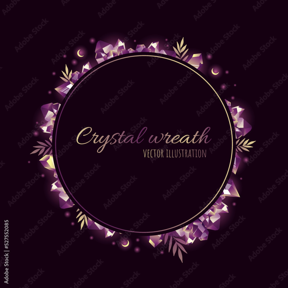 Beautiful crystal banner, great design for any purposes. Crystal background decoration, violet precious stones frame. Flyer, page, poster template. Wreath vector illustration.