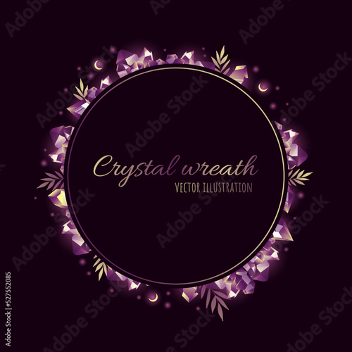 Beautiful crystal banner, great design for any purposes. Crystal background decoration, violet precious stones frame. Flyer, page, poster template. Wreath vector illustration.