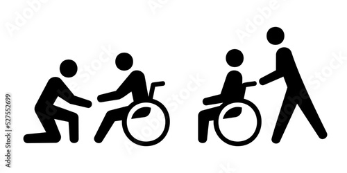 Obraz na plátne 車椅子を押し障害のある患者をサポートする看護師のベクターアイコン素材セット白黒