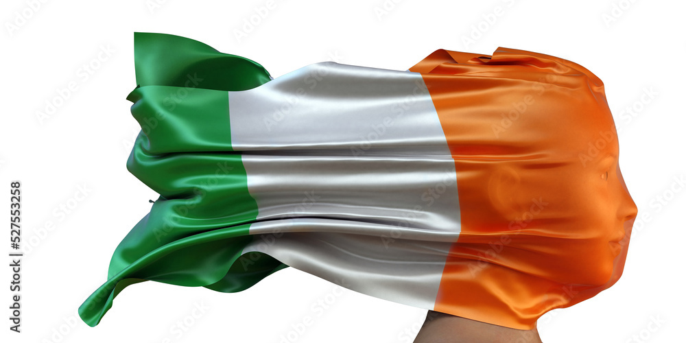 Nationalflagge von Irland weht über dem Gesicht einer Frau (Frauenrechte, Gleichberechtigung, Menschenrechte, Suverenität)