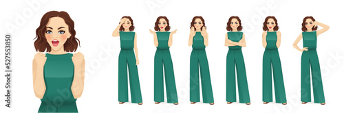 Young beatiful woman in green jumpsuit showing negative emotions with different gestures. Isolated vector ilustration set.