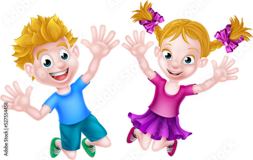 Happy Cartoon Boy and Girl Jumping