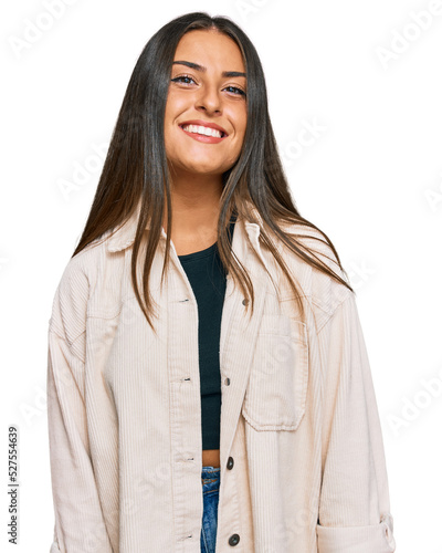 Beautiful hispanic woman wearing casual clothes looking positive and happy standing and smiling with a confident smile showing teeth