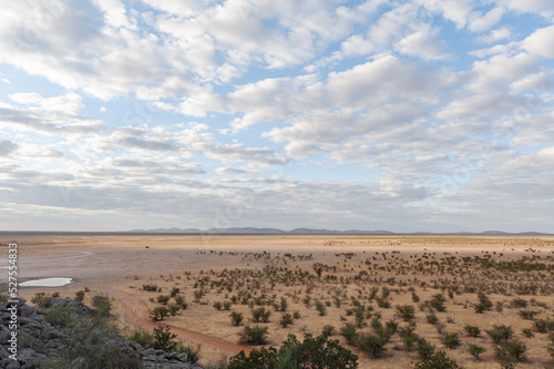 Panoramic image with a waterhole ,clouds and vegetation