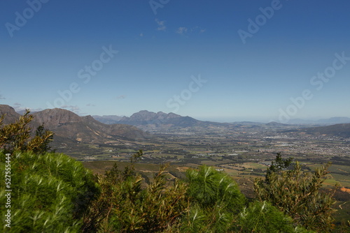 A view over Paarl towards Table Mountain and Cape Town in the distance. Simonsberg is visible in the middle of the photograph.