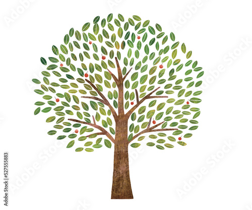 手描きー赤い実のなる北欧風かわいい大きな木ーエコのイメージのイラスト白バック素材