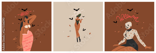 Hand drawn abstract vector graphic clipart illustration,Halloween holiday costume party adult people characters collection cards template set.Creepy Halloween design poster concept.Happy Halloween art